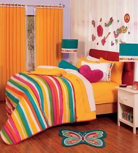 New Teens Girl Yellow Pink Blue Green White Stripes Comforter Bedding Sheet Set
