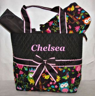 Personalized Owl Quilted Diaper Bag Set Chocolate Brown Pink Monogrammed Free