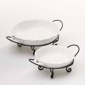 Ceramic 2 Serving Dishes Bakeware Serveware White Black Wrought Iron Stand