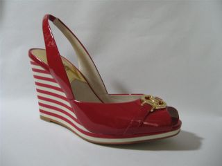 Michael Kors Rochelle Sling Red Womens Stripe Wedge Sandal Shoes Multi Sizes