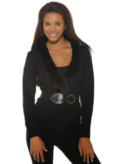 Black Knit Cardigan Sweater Faux Fur Collar Studded Belt Long Sleeve Jacket