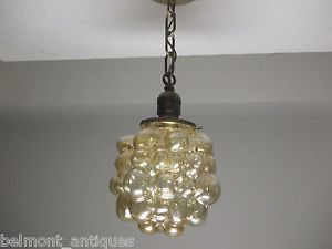 Antique Vintage Puffy Glass Lamp Shade Brass Hanging Light Fixture Ceiling Lamp