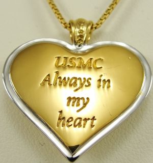 USMC Sterling Silver 24K Yellow Gold Plated Always in My Heart Pendant Necklace