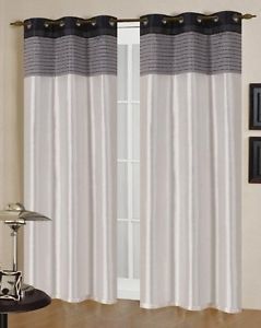 2 Faux Silk Panels Window Covering Black White Grommets Embroidered Curtains