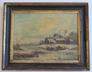 Antique French Impressionism Coastal Industrial Trading Port SHIP Oil Painting