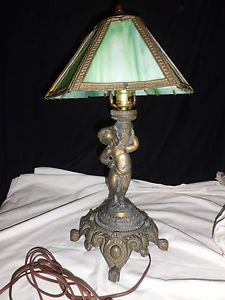 Antique Brass Table Lamp Cherub Banquet Base w Slag Glass Shade Beautiful