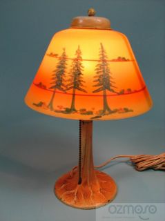 Beautiful Antique Cast Metal Tree Trunk Base Boudoir Lamp w Painted Glass Shade