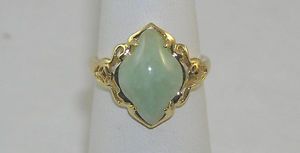 14k Yellow Gold Prong Set Green Jade Ring Ornate Setting 3 17 Grams
