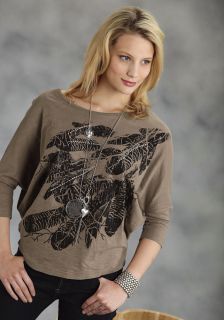 Roper Womens Shirt Western Dolman Sleeve Jersey Tee Brown Feather Print 1112