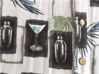 Vintage Mens Martini Glasses Palm Leaves Print Lounge Tiki Bar Hawaiian Shirt XL