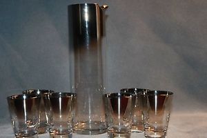 Midcentury Cocktail Martini Set Silver Fade Pitcher 6 Glasses Glass Barware