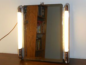 Antique Vintage Art Deco Chrome Metal Lighted Mirror Bathroom Medicine Cabinet