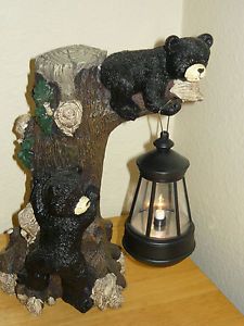 Large Resin Black Bears Climbing Tree Lantern Figure Night Light Lamp Cabin
