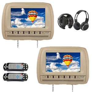 Beige 2X 9" Car Pillow Headrest DVD Player 2X Radio Games Monitor 2X Headphones