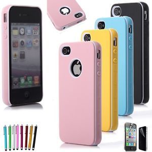 Pen Hybrid Rugged Rubber Matte Hard Case Cover for iPhone 4G 4S w Screen Protect