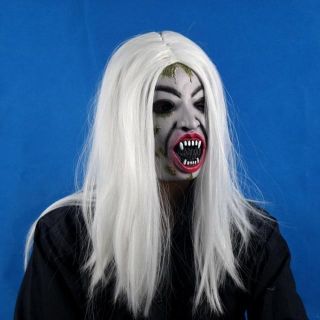 White Hair Big Mouth Woman Female Ghost Devil Evil Costume Halloween Party Mask