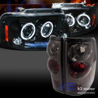 Glossy Black 04 08 Ford F150 Halo LED Projector Headlights Tail Light Smoke