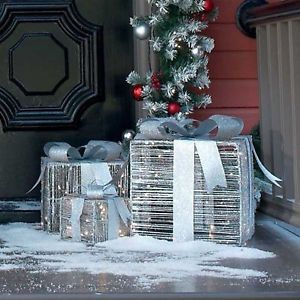 Lighted Silver Gift Boxes Presents Indoor Outdoor Christmas Decor Set of 3