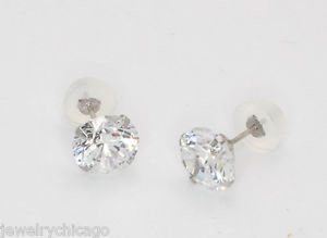 10K Solid White Gold Round AAA CZ Cubic Zirconia Prong Set Stud Earrings 10 K