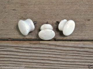 3 Small Cabinet Knobs Drawer Pulls Door White Porcelain 3 4" 1800's Old Antique