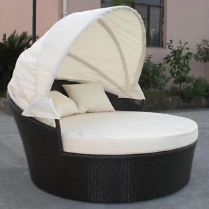 Outdoor Wicker Patio Furniture Canopy Bed Black Pillows Included Free Cover