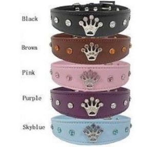 Leather Dog Collars Rhinestones Crown Design for Small Large Dog Collar 5 Color