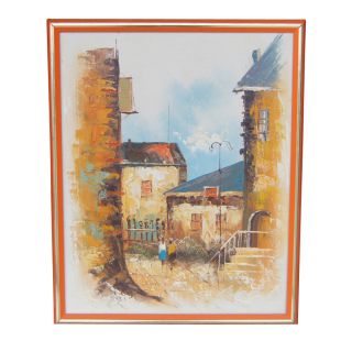 Mid Century Modern Painting French Village Street Scene Price REDUCED