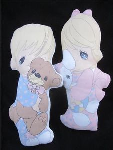 2 Precious Moments Printed Stuffed Fabric Pillows Dolls Boy Girl in Pajamas