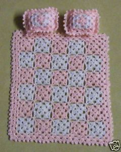 Pink White Crochet Bed Pillows Doll House Miniature