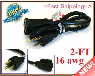 New Black 16 AWG Power Extension Cord Cable 2 ft Feet