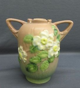 Vintage Roseville Art Pottery White Rose Pink Green Handled Vase