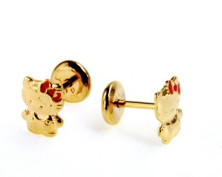 Gold 18K GF Hello Kitty Earrings Safety High Security Stud Baby Girl Kids