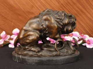 Art Deco Bronze Lion Kills Snake Statue Sculpture Barye Marble Figurine Figure