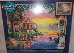 Paint by Number Kit Paint Works Sunset Cabin Country Cottage on Lake Dogs Ducks