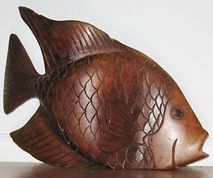 Natural 19" Wood Carved Large Swimming Fish Art Sculpture