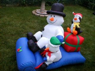 RARE Gemmy Airblown Inflatable Snowman Penguins on Sled 4 ft Long