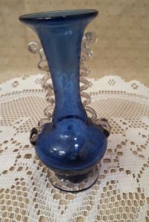 Vintage Cobalt Blue Blown Glass Bud Small Vase Pontil Mark Applied Handles