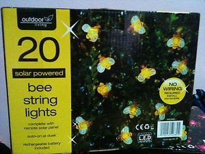 20 Solar Powered Bumble Bee String Lights with Remote Solar Panel LED BNIB