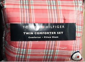 Girls Tommy Hilfiger Logan Coral Salmon Pink Green Plaid Comforter Set Twin