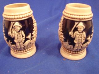 A75 Vintage Pair of German Mini Beer Steins Mug Deer Stag Hunter 3114