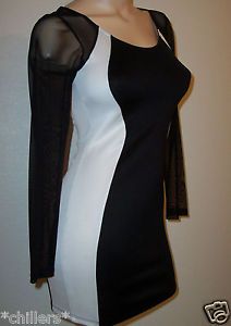 Sexy Black White Scuba Color Block Panel LS Mesh Bodycon Stretch Mini Dress M