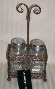 Glass Salt Pepper Shakers in Decorative Wrought Iron Holder Tableware Kitche