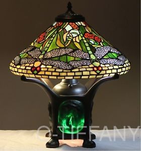 Tiffany Style Stained Glass Table Lamp "Dragonfly" w Turtle Back Lit Base