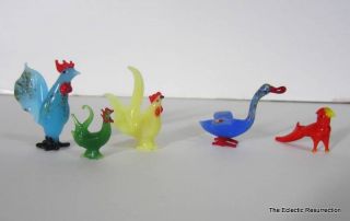 5 Vintage Miniature Blown Glass Animals Murano Rooster Chicken Parrot Duck