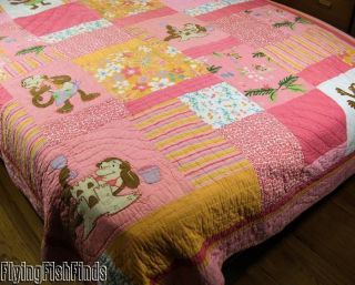 Tropical Beach Monkey Floral Pink Twin Quilt