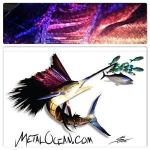 48" Metal Sailfish with Bait Cluster Modern Metal Wall Art Mount Fishing Decor