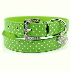 Green Polka PU Leather Dog Collars Dot Puppy Collars with Diamante Heart Pendant