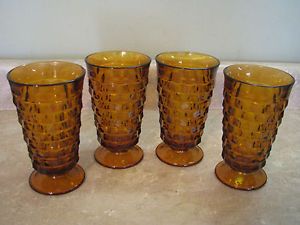 Amber Depression Glass Stacked Cube Cubist Water Glasses Goblets Footed Water 4
