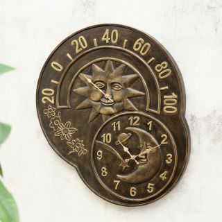24" Bronze Finish Aluminum Sun Moon Outdoor Wall Mount Clock Thermometer