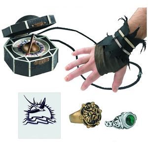 Captain Jack Sparrow Costume Accessory Kit Kid Pirate Compass Rings Tattoo Glove